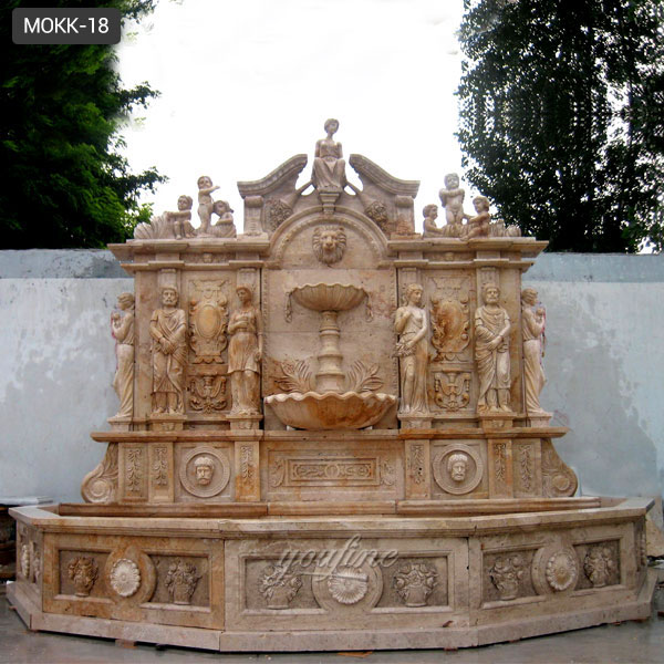Interior with outdoor tiered stone fountain with statues for sale